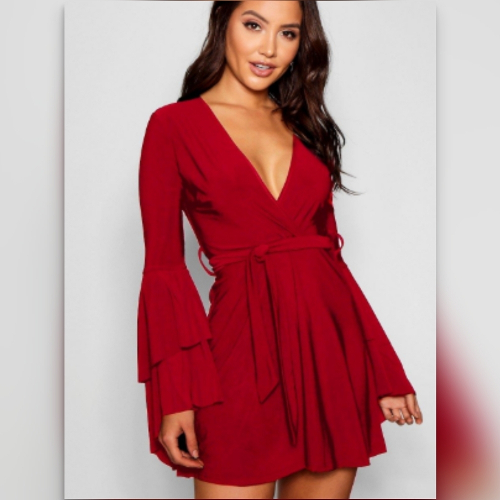 Plunge Neck Flared Sleeve Skater Dress